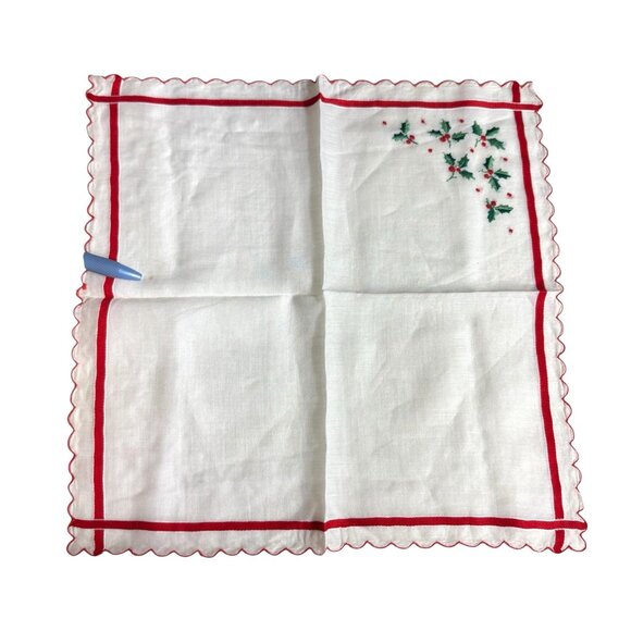 Embroidered handkerchief hankie 11-3/4 in. by 11-3/4 in. Red and white Christmas - Picture 3 of 11